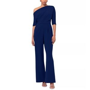 Betsy & Adam Navy One-Shoulder Jumpsuit With Asymmetrical Elbow-Length Sleeves